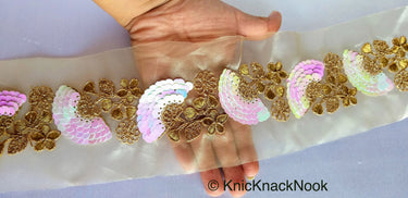 Gold Sheer Fabric Trim With Antique Gold Floral Embroidery And Pink White Two Tone Sequins Embellishments, Approx. 95mm Wide - 210119L124
